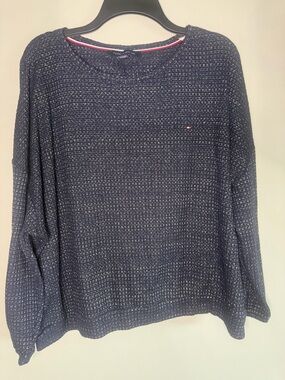 Tommy Hilfiger Navy Sweater with Gold Metallic Thread Waffle Knit Top size XXL